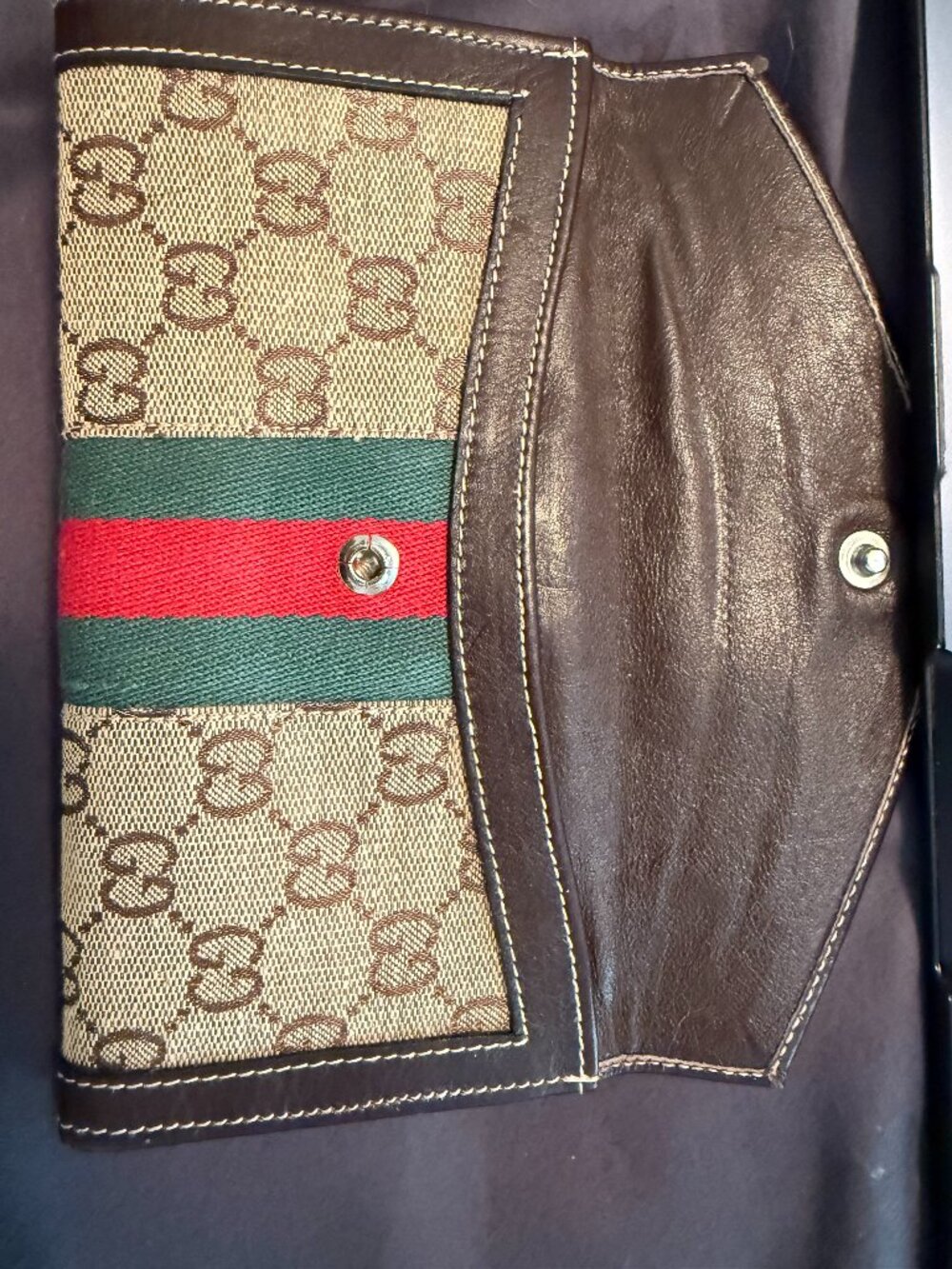 Vintage Gucci GG Monogram Web Stripe Wallet Brown Leather Gold G Clasp